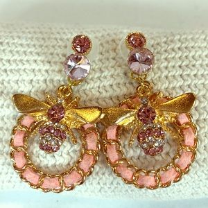 New Bee Earrings in gold tone & pink crystals